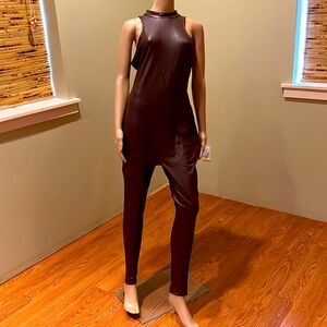 Akira Brown Faux Leather Jumpsuit With Zipper Back Closure And High Neck Size XL